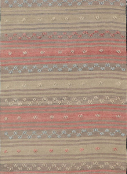 Vintage Turkish Kilim with Stripes in Blue, Tan, Brown, Cream and Orange Multicolored vintage Turkish Kilim rug with horizontal stripes in tan, blue, brown and orange. Keivan Woven Arts / Vintage Turkish Kilim, rug EN - P13774, country of origin /... - Keivan Woven ArtsEN - P13774 - 17970Rug