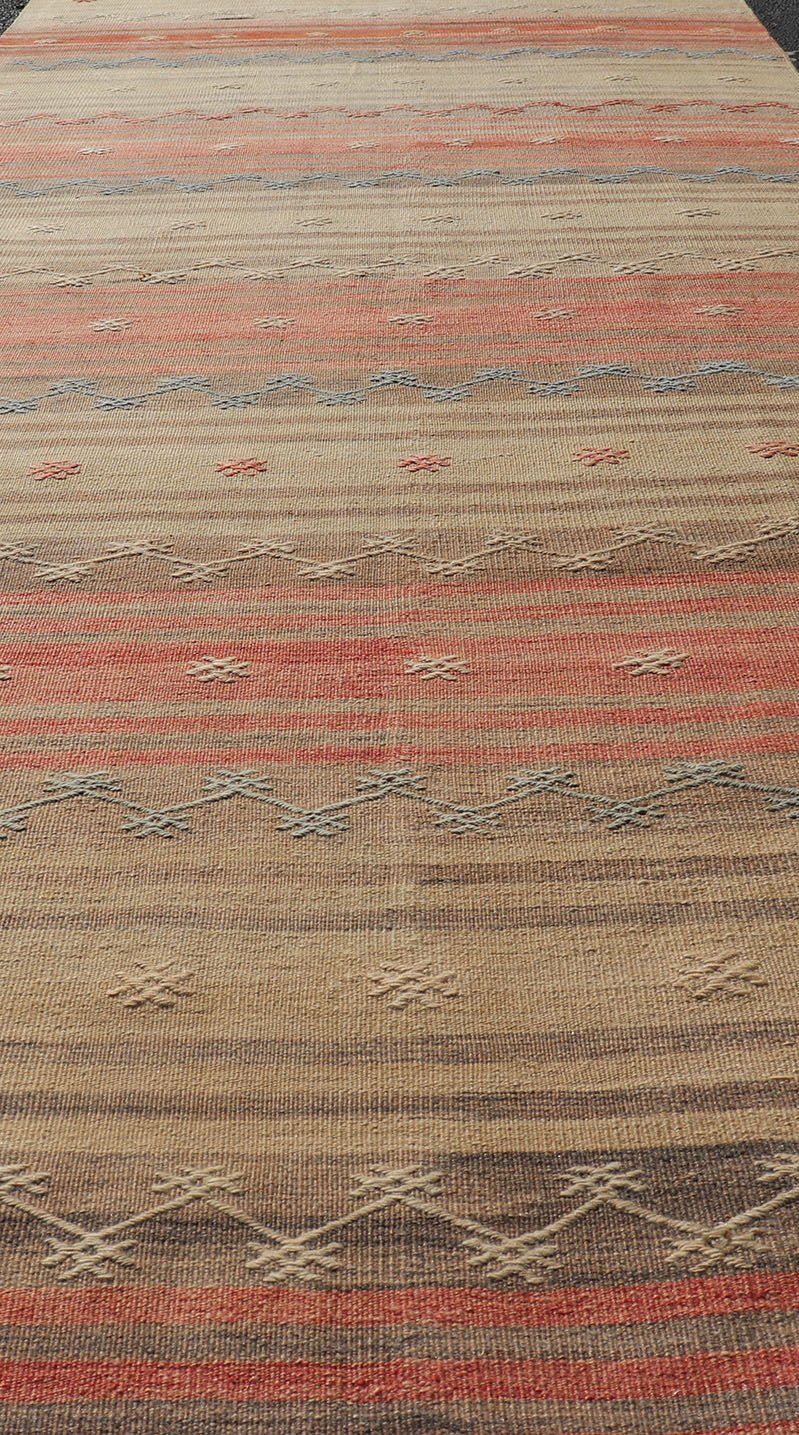 Vintage Turkish Kilim with Stripes in Blue, Tan, Brown, Cream and Orange Multicolored vintage Turkish Kilim rug with horizontal stripes in tan, blue, brown and orange. Keivan Woven Arts / Vintage Turkish Kilim, rug EN - P13774, country of origin /... - Keivan Woven ArtsEN - P13774 - 17970Rug