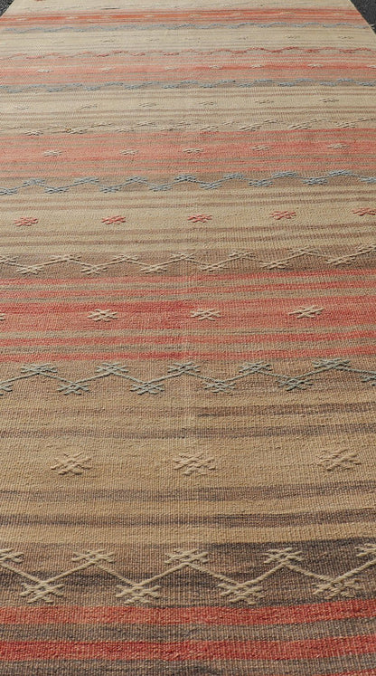 Vintage Turkish Kilim with Stripes in Blue, Tan, Brown, Cream and Orange Multicolored vintage Turkish Kilim rug with horizontal stripes in tan, blue, brown and orange. Keivan Woven Arts / Vintage Turkish Kilim, rug EN - P13774, country of origin /... - Keivan Woven ArtsEN - P13774 - 17970Rug