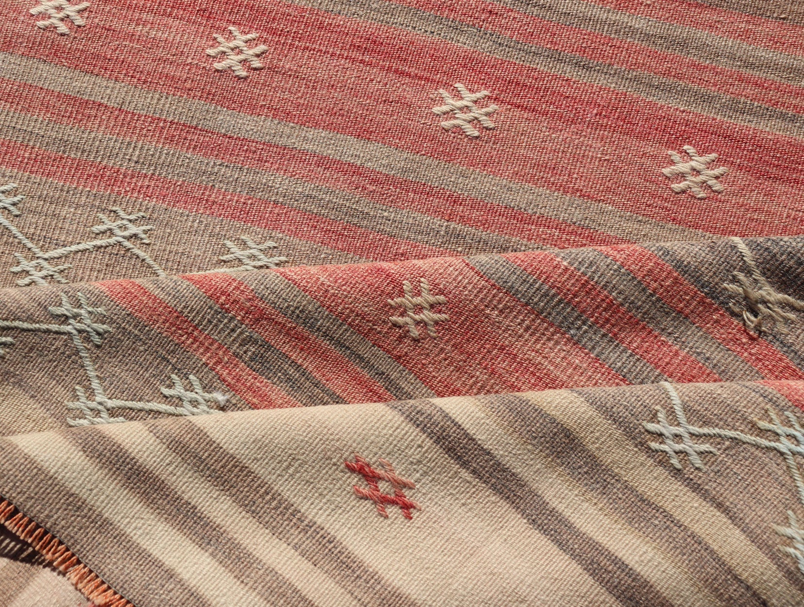 Vintage Turkish Kilim with Stripes in Blue, Tan, Brown, Cream and Orange Multicolored vintage Turkish Kilim rug with horizontal stripes in tan, blue, brown and orange. Keivan Woven Arts / Vintage Turkish Kilim, rug EN - P13774, country of origin /... - Keivan Woven ArtsEN - P13774 - 17970Rug
