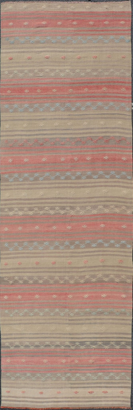 Vintage Turkish Kilim with Stripes in Blue, Tan, Brown, Cream and Orange Multicolored vintage Turkish Kilim rug with horizontal stripes in tan, blue, brown and orange. Keivan Woven Arts / Vintage Turkish Kilim, rug EN - P13774, country of origin /... - Keivan Woven ArtsEN - P13774 - 17970Rug