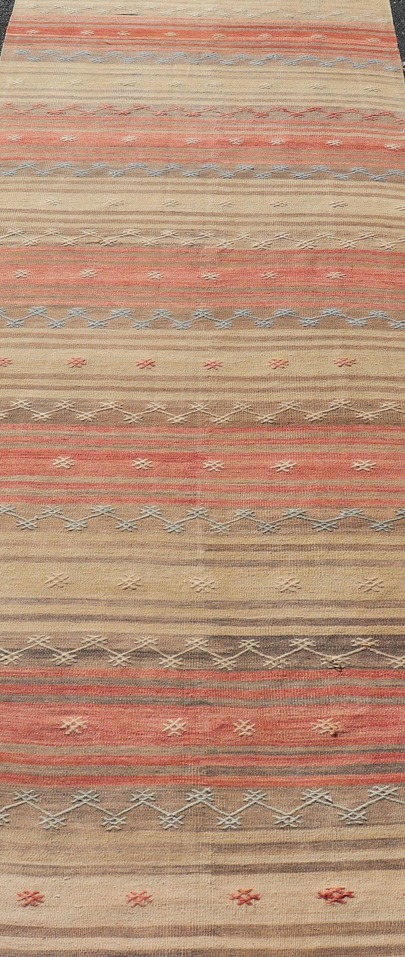 Vintage Turkish Kilim with Stripes in Blue, Tan, Brown, Cream and Orange Multicolored vintage Turkish Kilim rug with horizontal stripes in tan, blue, brown and orange. Keivan Woven Arts / Vintage Turkish Kilim, rug EN - P13774, country of origin /... - Keivan Woven ArtsEN - P13774 - 17970Rug