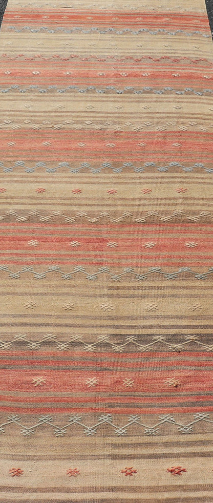 Vintage Turkish Kilim with Stripes in Blue, Tan, Brown, Cream and Orange Multicolored vintage Turkish Kilim rug with horizontal stripes in tan, blue, brown and orange. Keivan Woven Arts / Vintage Turkish Kilim, rug EN - P13774, country of origin /... - Keivan Woven ArtsEN - P13774 - 17970Rug