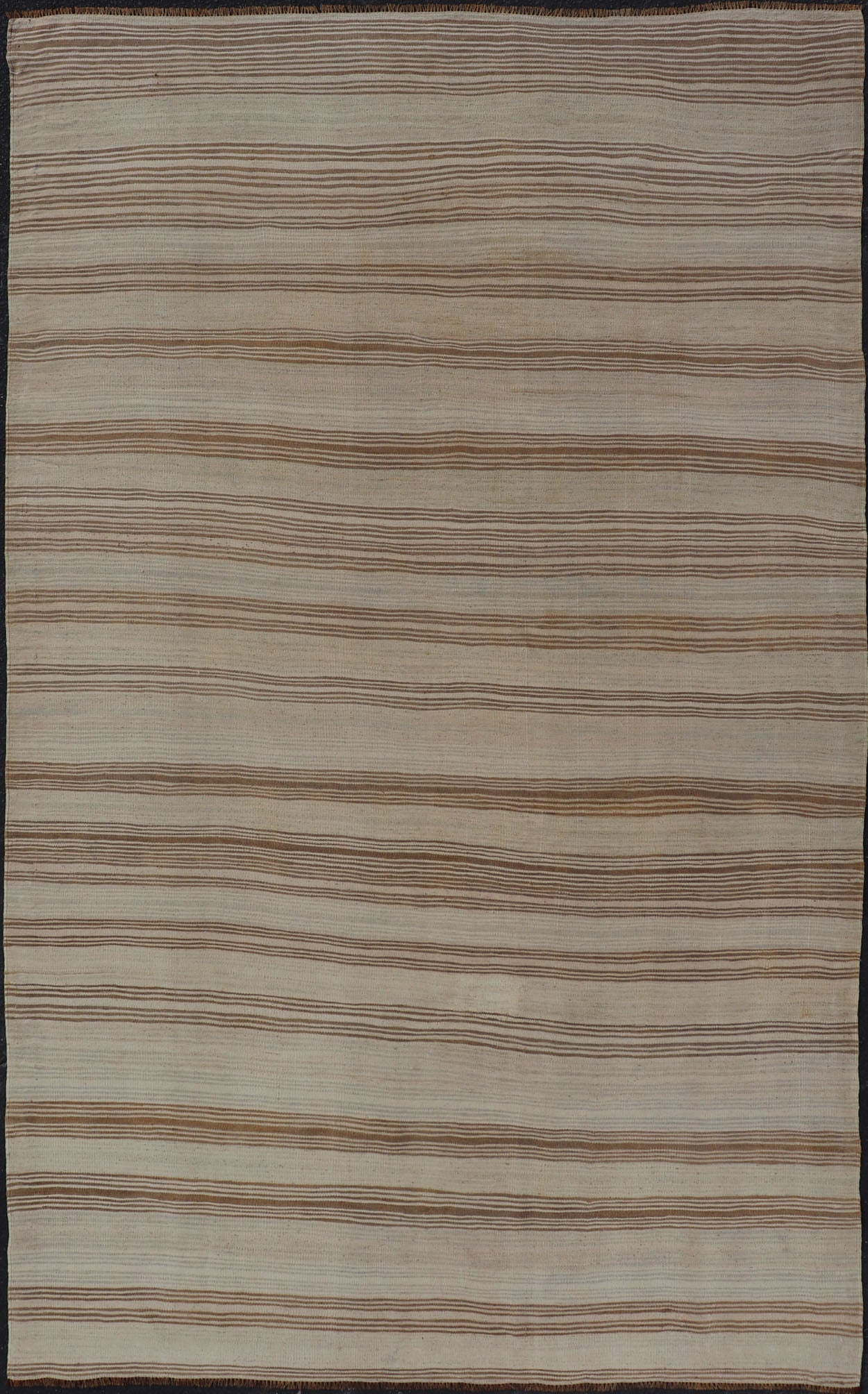 Vintage Turkish Kilim with Horizontal Stripes in Tan, Brown and Gray Measures: 4'10 x 8'2. This vintage flat - woven Kilim features a minimalist design rendered in stripes, set atop a light gray background with subtle brushes of tan, and br... - Keivan Woven ArtsEN - P13786 - 17976Rug