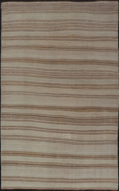Vintage Turkish Kilim with Horizontal Stripes in Tan, Brown and Gray Measures: 4'10 x 8'2. This vintage flat - woven Kilim features a minimalist design rendered in stripes, set atop a light gray background with subtle brushes of tan, and br... - Keivan Woven ArtsEN - P13786 - 17976Rug