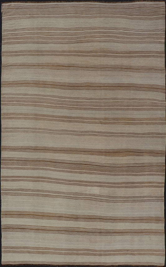 Vintage Turkish Kilim with Horizontal Stripes in Tan, Brown and Gray Measures: 4'10 x 8'2. This vintage flat - woven Kilim features a minimalist design rendered in stripes, set atop a light gray background with subtle brushes of tan, and br... - Keivan Woven ArtsEN - P13786 - 17976Rug