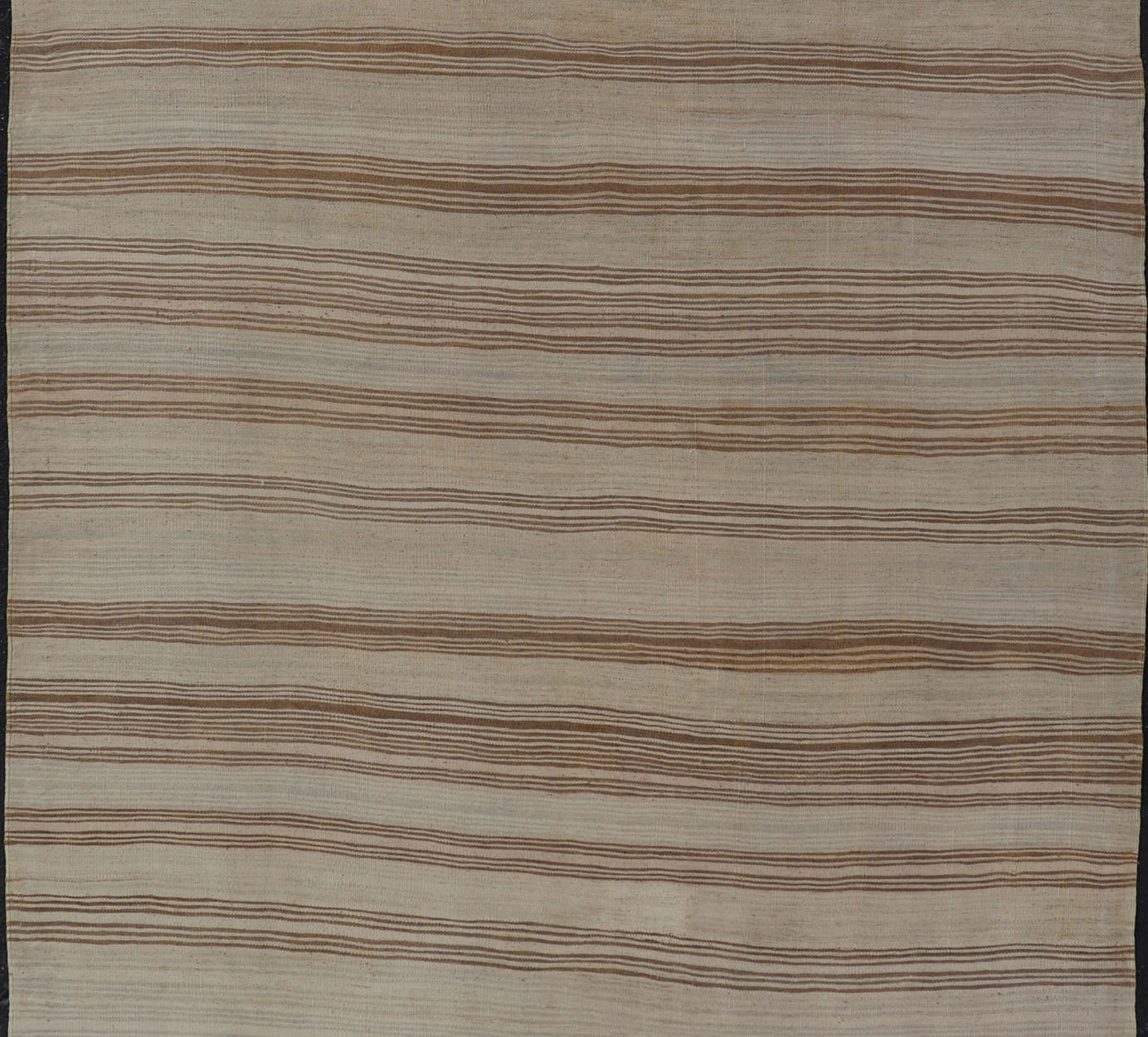 Vintage Turkish Kilim with Horizontal Stripes in Tan, Brown and Gray Measures: 4'10 x 8'2. This vintage flat - woven Kilim features a minimalist design rendered in stripes, set atop a light gray background with subtle brushes of tan, and br... - Keivan Woven ArtsEN - P13786 - 17976Rug