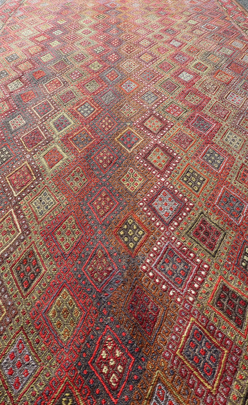 Vintage Turkish Gallery Kilim with All - Over Diamond Design in Multicolor. Vintage Turkish Gallery Kilim, Keivan Woven Arts / rug EN - P13788, country of origin / type: Turkey / Kilim, circa Mid - 20th Century. Measures: 5'0 x 13'0. Woven during the m... - Keivan Woven ArtsEN - P13788 - 17982Rug