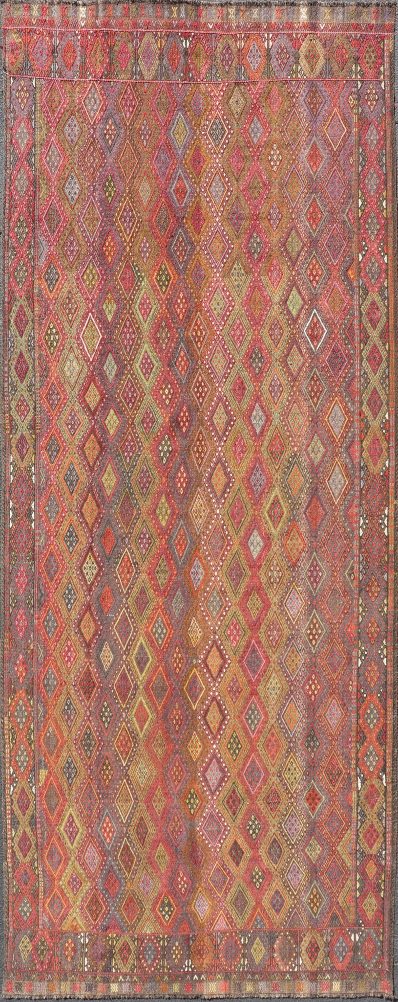 Vintage Turkish Gallery Kilim with All - Over Diamond Design in Multicolor. Vintage Turkish Gallery Kilim, Keivan Woven Arts / rug EN - P13788, country of origin / type: Turkey / Kilim, circa Mid - 20th Century. Measures: 5'0 x 13'0. Woven during the m... - Keivan Woven ArtsEN - P13788 - 17982Rug