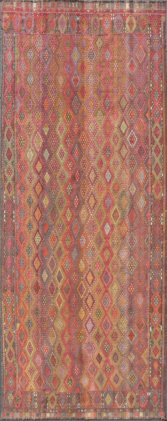 Vintage Turkish Gallery Kilim with All - Over Diamond Design in Multicolor. Vintage Turkish Gallery Kilim, Keivan Woven Arts / rug EN - P13788, country of origin / type: Turkey / Kilim, circa Mid - 20th Century. Measures: 5'0 x 13'0. Woven during the m... - Keivan Woven ArtsEN - P13788 - 17982Rug