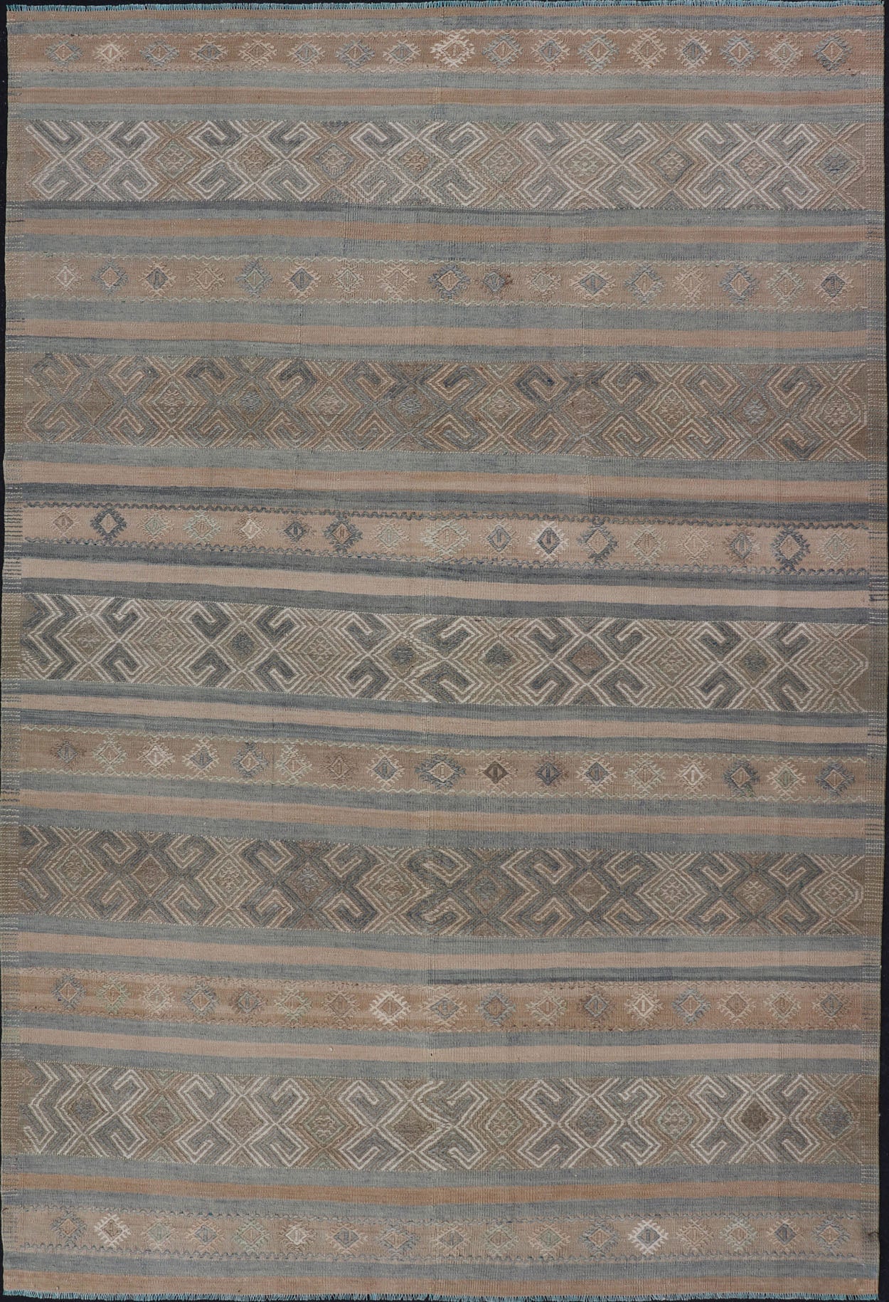 Vintage Turkish Kilim Rug with Horizontal Stripes in Taupe and Neutral Colors This flat - woven Kilim from Turkey features an enticing composition consisting of stripes with fascinating geometric designs rendered in natural tones of brown and tan... - Keivan Woven ArtsEN - P13790 - 17988Rug