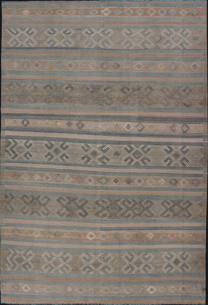 Vintage Turkish Kilim Rug with Horizontal Stripes in Taupe and Neutral Colors This flat - woven Kilim from Turkey features an enticing composition consisting of stripes with fascinating geometric designs rendered in natural tones of brown and tan... - Keivan Woven ArtsEN - P13790 - 17988Rug
