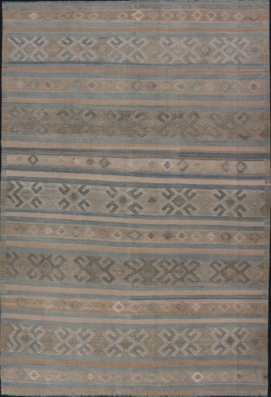Vintage Turkish Kilim Rug with Horizontal Stripes in Taupe and Neutral Colors This flat - woven Kilim from Turkey features an enticing composition consisting of stripes with fascinating geometric designs rendered in natural tones of brown and tan... - Keivan Woven ArtsEN - P13790 - 17988Rug