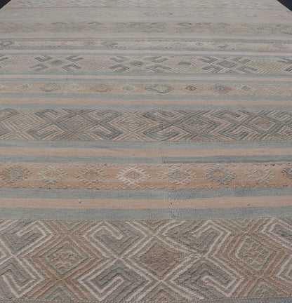Vintage Turkish Kilim Rug with Horizontal Stripes in Taupe and Neutral Colors This flat - woven Kilim from Turkey features an enticing composition consisting of stripes with fascinating geometric designs rendered in natural tones of brown and tan... - Keivan Woven ArtsEN - P13790 - 17988Rug