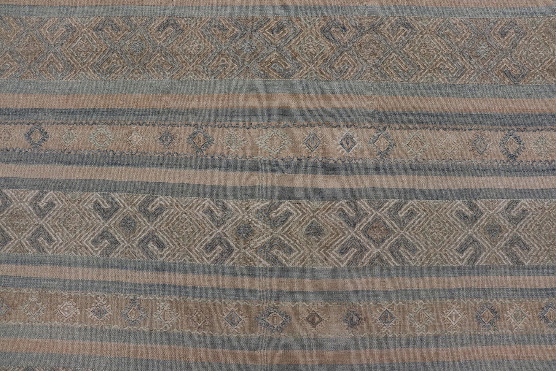 Vintage Turkish Kilim Rug with Horizontal Stripes in Taupe and Neutral Colors This flat - woven Kilim from Turkey features an enticing composition consisting of stripes with fascinating geometric designs rendered in natural tones of brown and tan... - Keivan Woven ArtsEN - P13790 - 17988Rug