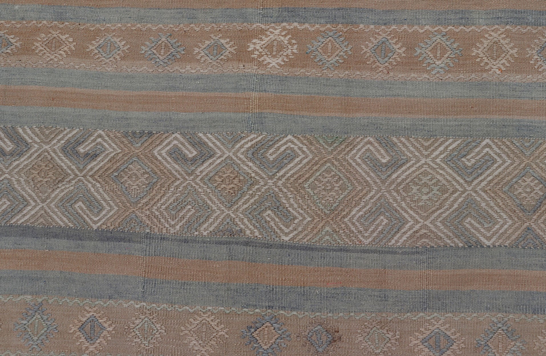 Vintage Turkish Kilim Rug with Horizontal Stripes in Taupe and Neutral Colors This flat - woven Kilim from Turkey features an enticing composition consisting of stripes with fascinating geometric designs rendered in natural tones of brown and tan... - Keivan Woven ArtsEN - P13790 - 17988Rug