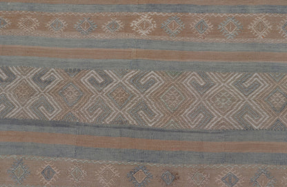 Vintage Turkish Kilim Rug with Horizontal Stripes in Taupe and Neutral Colors This flat - woven Kilim from Turkey features an enticing composition consisting of stripes with fascinating geometric designs rendered in natural tones of brown and tan... - Keivan Woven ArtsEN - P13790 - 17988Rug