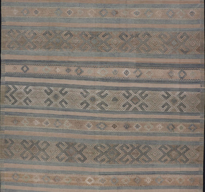 Vintage Turkish Kilim Rug with Horizontal Stripes in Taupe and Neutral Colors This flat - woven Kilim from Turkey features an enticing composition consisting of stripes with fascinating geometric designs rendered in natural tones of brown and tan... - Keivan Woven ArtsEN - P13790 - 17988Rug