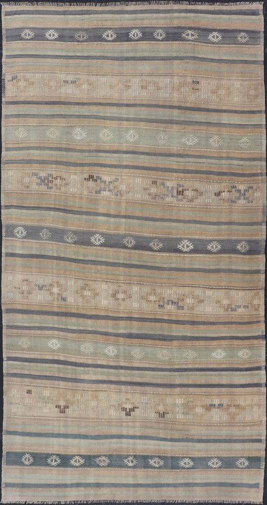 Vintage Hand Woven Turkish Kilim with Stripes in Light Taupe and Neutral Colors Vintage Turkish Kilim Rug, Keivan Woven Arts / rug EN - P13795, country of origin / type: Turkey / Kilim, circa Mid - 20th Century. Vintage Hand Woven Turkish Kil... - Keivan Woven ArtsEN - P13795 - 18000Rug