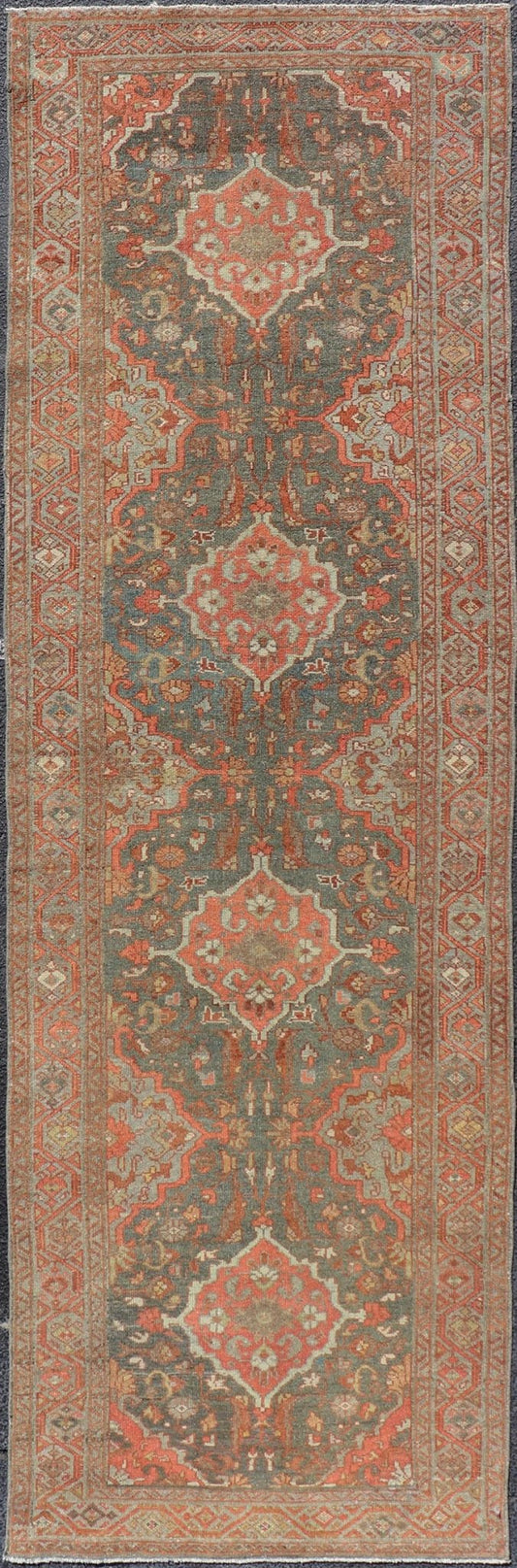 Antique Persian Malayer Runner with All - Over Floral Medallions Design Measures: 2'10 x 9'6 This Persian Malayer features stylized floral medallions contrasting bold colors with dark charcoal and bright red - orange, as well as soft light g... - Keivan Woven ArtsEN - P13902 - 18716Rug