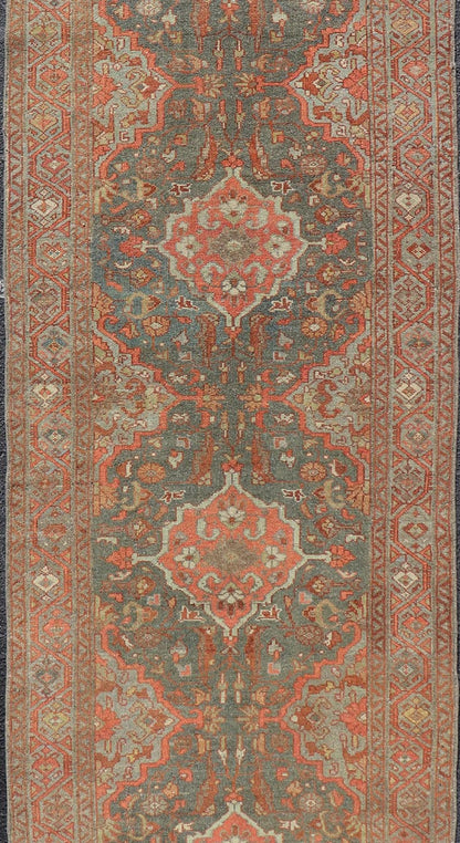 Antique Persian Malayer Runner with All - Over Floral Medallions Design Measures: 2'10 x 9'6 This Persian Malayer features stylized floral medallions contrasting bold colors with dark charcoal and bright red - orange, as well as soft light g... - Keivan Woven ArtsEN - P13902 - 18716Rug