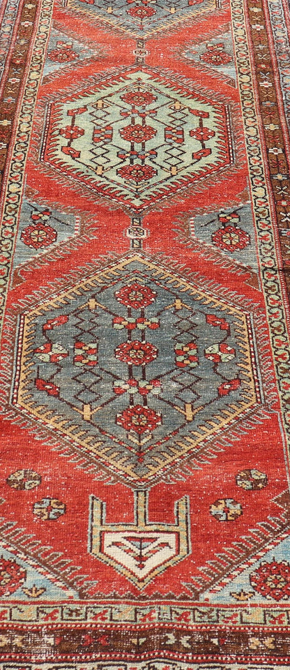 Geometric Medallion Antique Persian Heriz Runner by Keivan Woven Arts Antique distressed Heriz runner, Keivan Woven Arts, rug EN - P13904, country of origin / type: Persian / Heriz, circa Early - 20th Century. Measures: 3'0 x 11'0. - Keivan Woven ArtsEN - P13904 - 18529