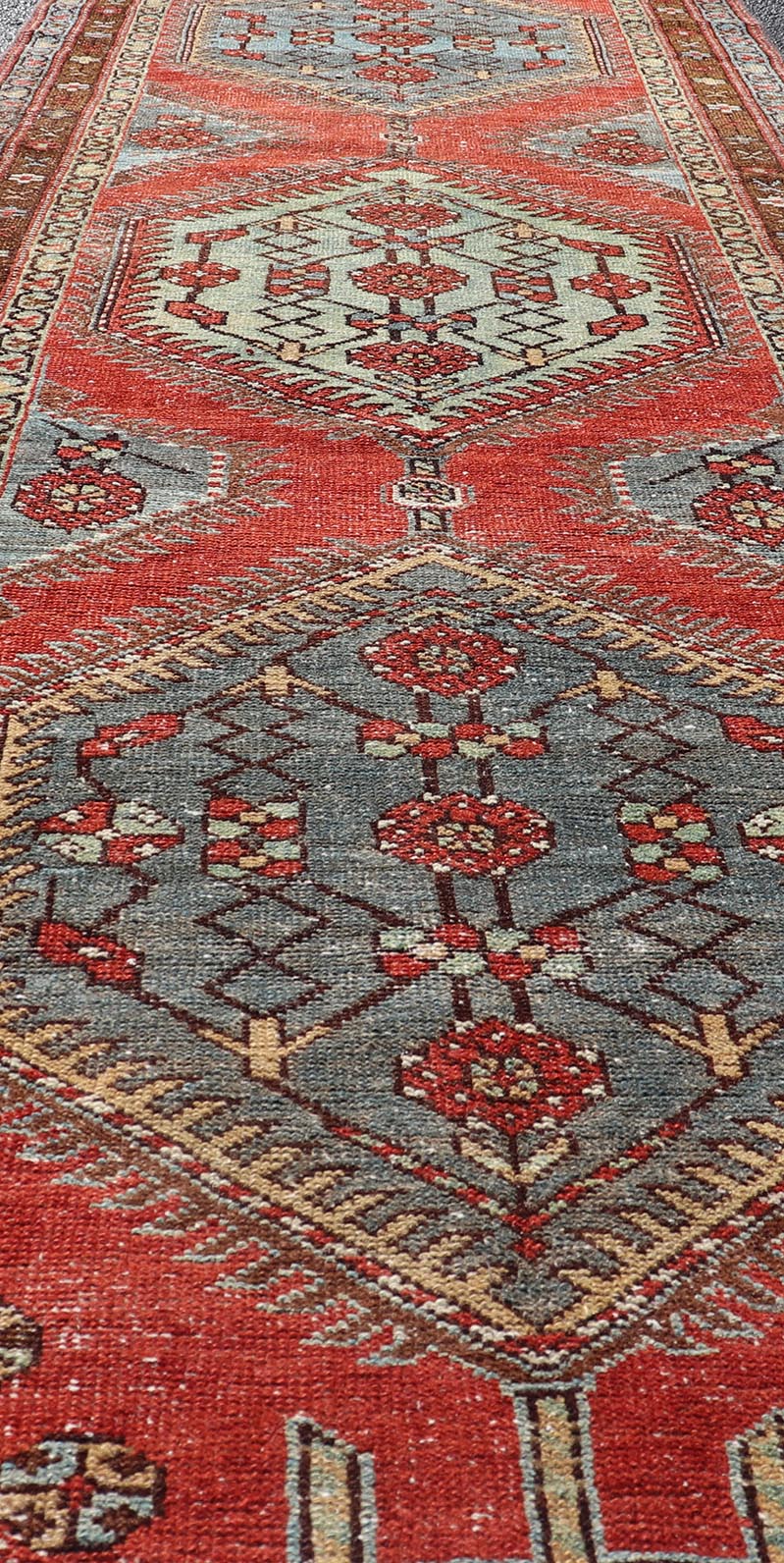 Geometric Medallion Antique Persian Heriz Runner by Keivan Woven Arts Antique distressed Heriz runner, Keivan Woven Arts, rug EN - P13904, country of origin / type: Persian / Heriz, circa Early - 20th Century. Measures: 3'0 x 11'0. - Keivan Woven ArtsEN - P13904 - 18529