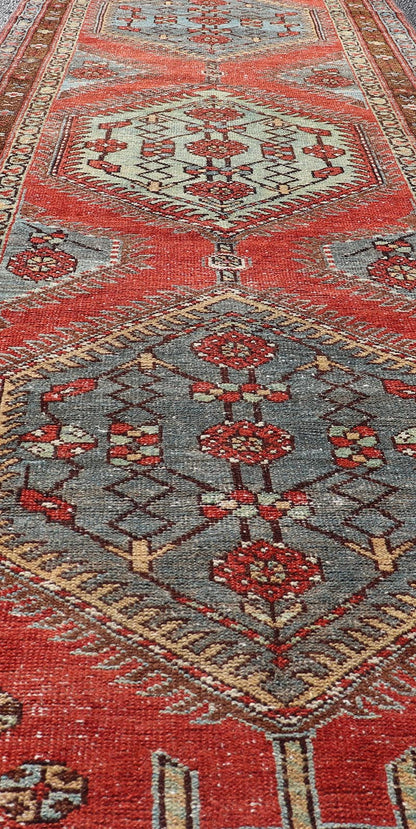 Geometric Medallion Antique Persian Heriz Runner by Keivan Woven Arts Antique distressed Heriz runner, Keivan Woven Arts, rug EN - P13904, country of origin / type: Persian / Heriz, circa Early - 20th Century. Measures: 3'0 x 11'0. - Keivan Woven ArtsEN - P13904 - 18529