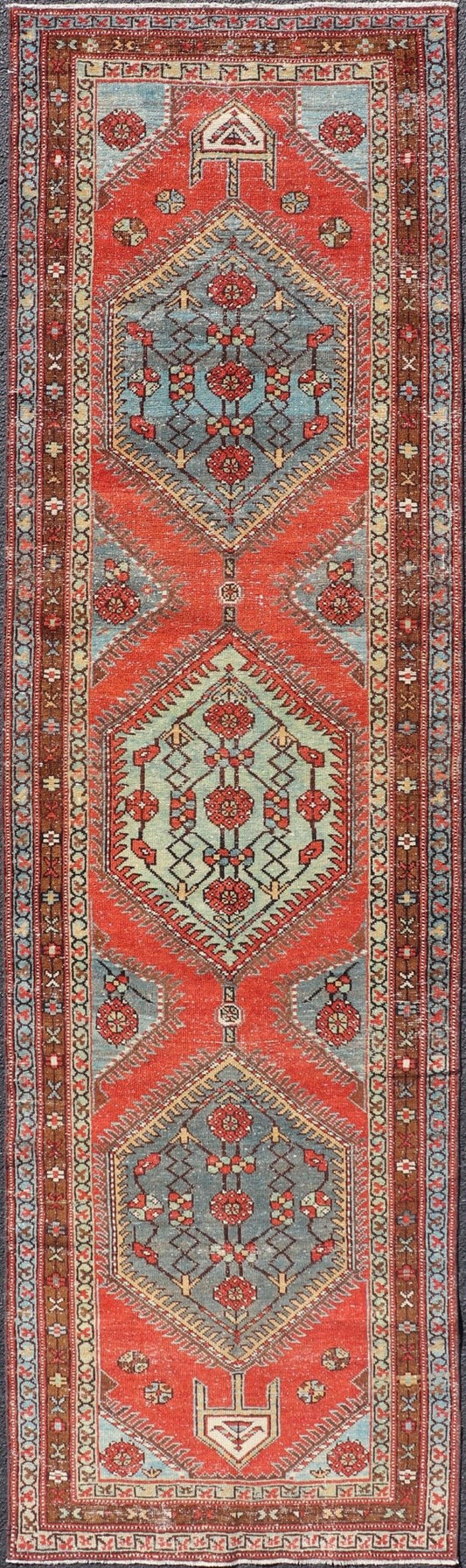 Geometric Medallion Antique Persian Heriz Runner by Keivan Woven Arts Antique distressed Heriz runner, Keivan Woven Arts, rug EN - P13904, country of origin / type: Persian / Heriz, circa Early - 20th Century. Measures: 3'0 x 11'0. - Keivan Woven ArtsEN - P13904 - 18529