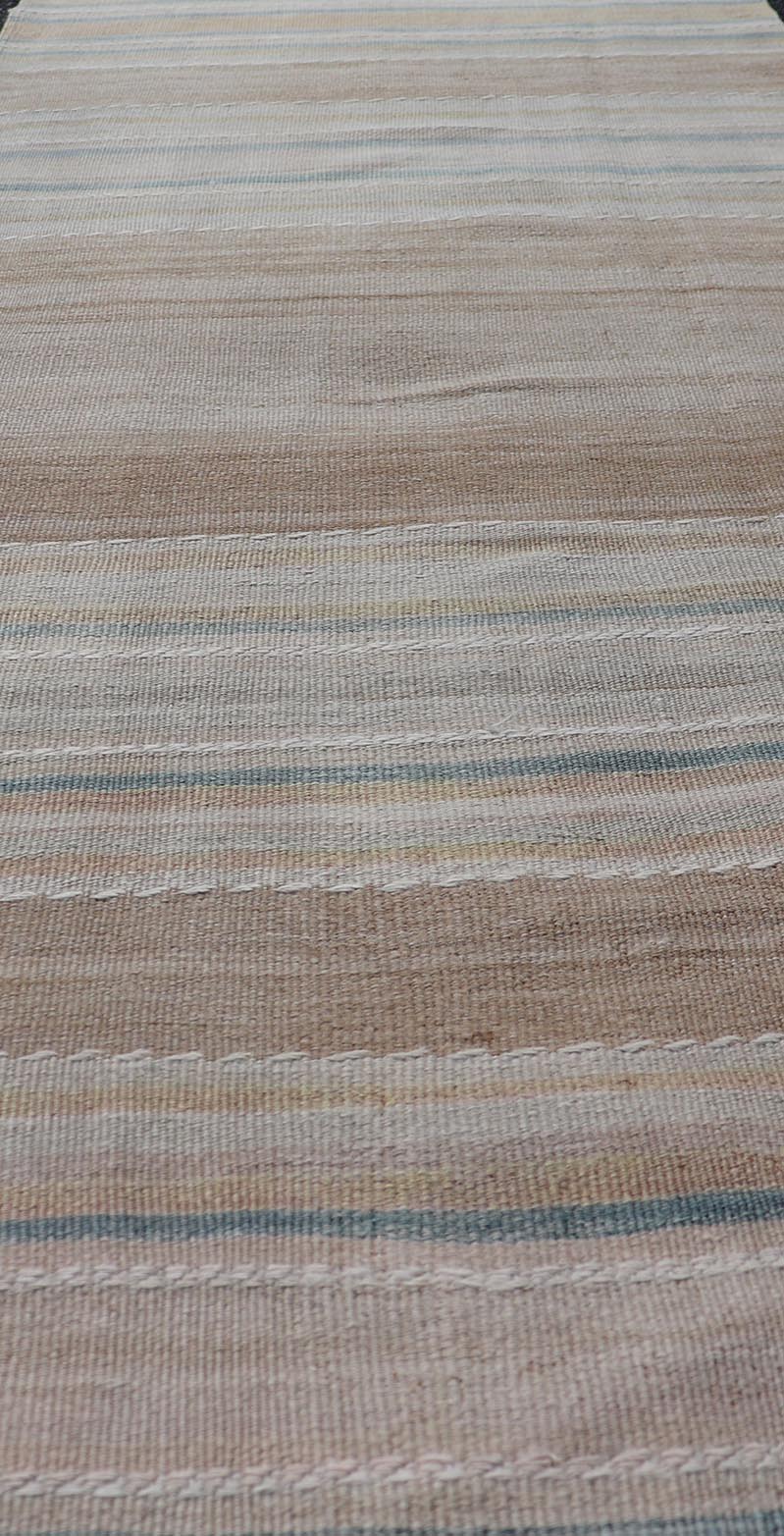 Vintage Turkish Kilim Rug with Horizontal Stripes in Multicolor, blue, brown and neutrals Vintage Kilim Rug, rug EN - P13912 , country of origin / type: Turkey / Kilim, circa Mid - 20th Century. Measures: 2'3 x 7'11. - Keivan Woven ArtsEN - P13912 - 18547Rug