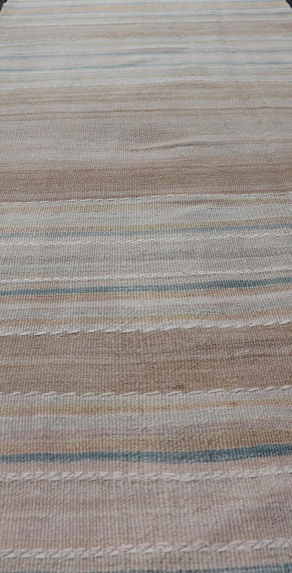 Vintage Turkish Kilim Rug with Horizontal Stripes in Multicolor, blue, brown and neutrals Vintage Kilim Rug, rug EN - P13912 , country of origin / type: Turkey / Kilim, circa Mid - 20th Century. Measures: 2'3 x 7'11. - Keivan Woven ArtsEN - P13912 - 18547Rug