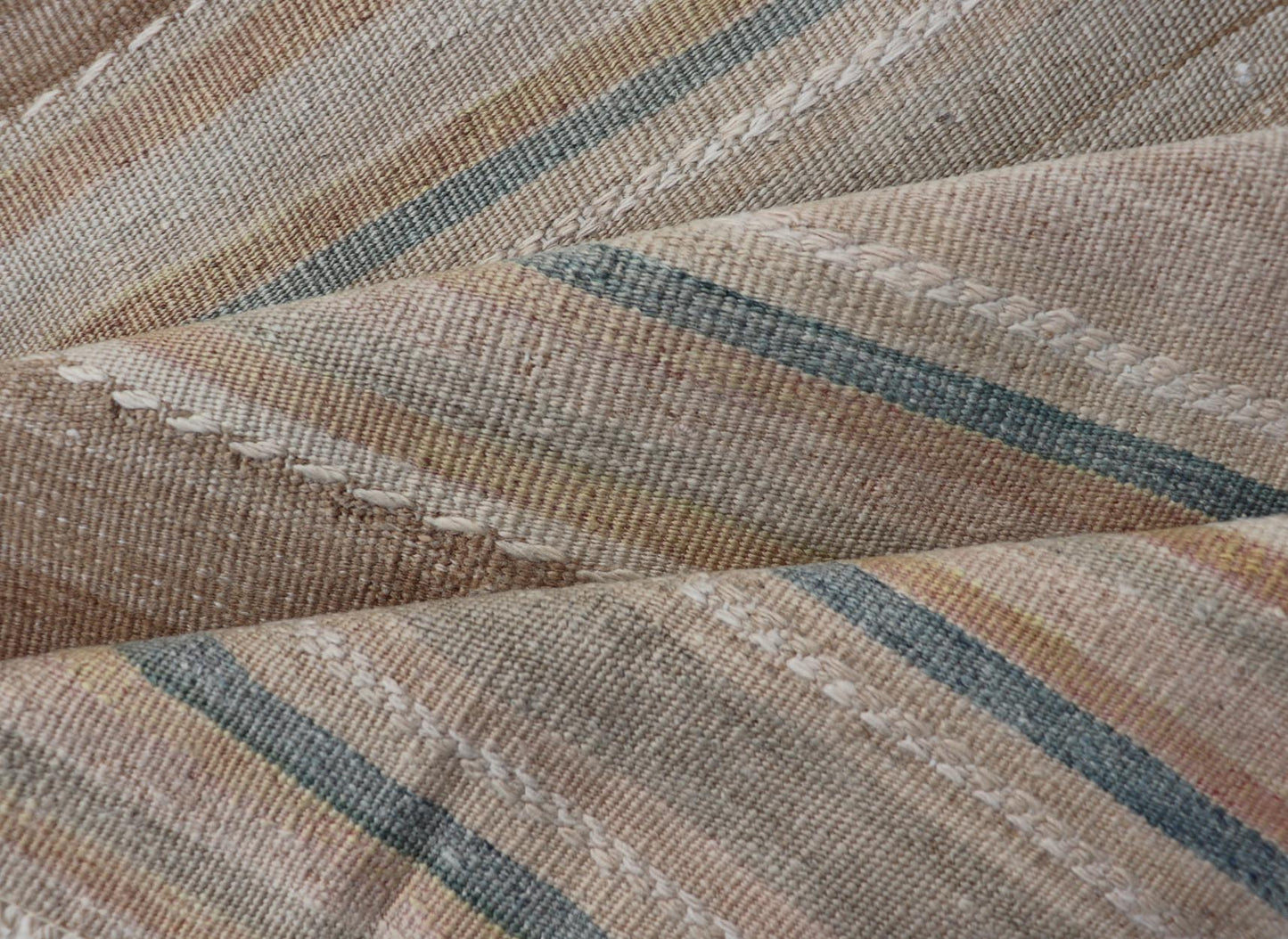 Vintage Turkish Kilim Rug with Horizontal Stripes in Multicolor, blue, brown and neutrals Vintage Kilim Rug, rug EN - P13912 , country of origin / type: Turkey / Kilim, circa Mid - 20th Century. Measures: 2'3 x 7'11. - Keivan Woven ArtsEN - P13912 - 18547Rug