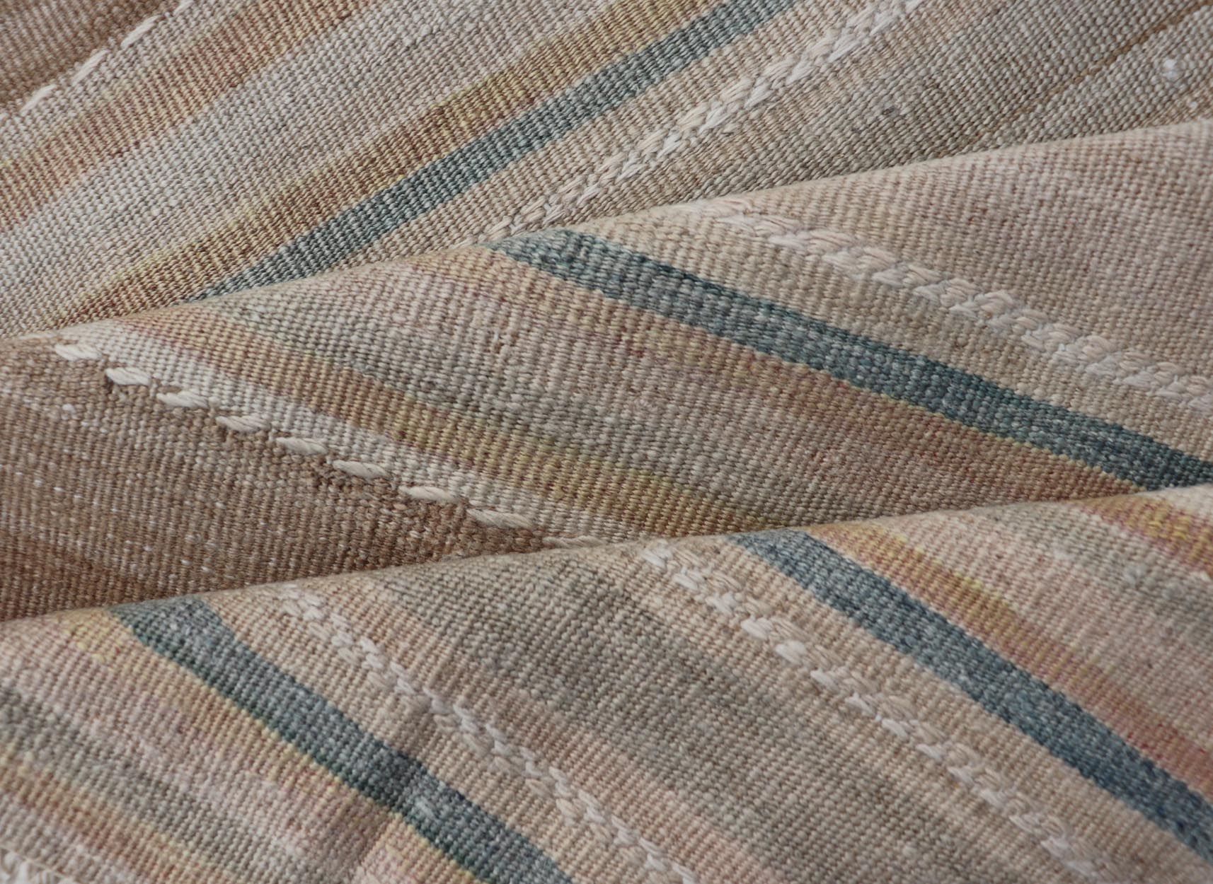 Vintage Turkish Kilim Rug with Horizontal Stripes in Multicolor, blue, brown and neutrals Vintage Kilim Rug, rug EN - P13912 , country of origin / type: Turkey / Kilim, circa Mid - 20th Century. Measures: 2'3 x 7'11. - Keivan Woven ArtsEN - P13912 - 18547Rug