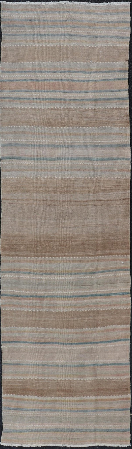 Vintage Turkish Kilim Rug with Horizontal Stripes in Multicolor, blue, brown and neutrals Vintage Kilim Rug, rug EN - P13912 , country of origin / type: Turkey / Kilim, circa Mid - 20th Century. Measures: 2'3 x 7'11. - Keivan Woven ArtsEN - P13912 - 18547