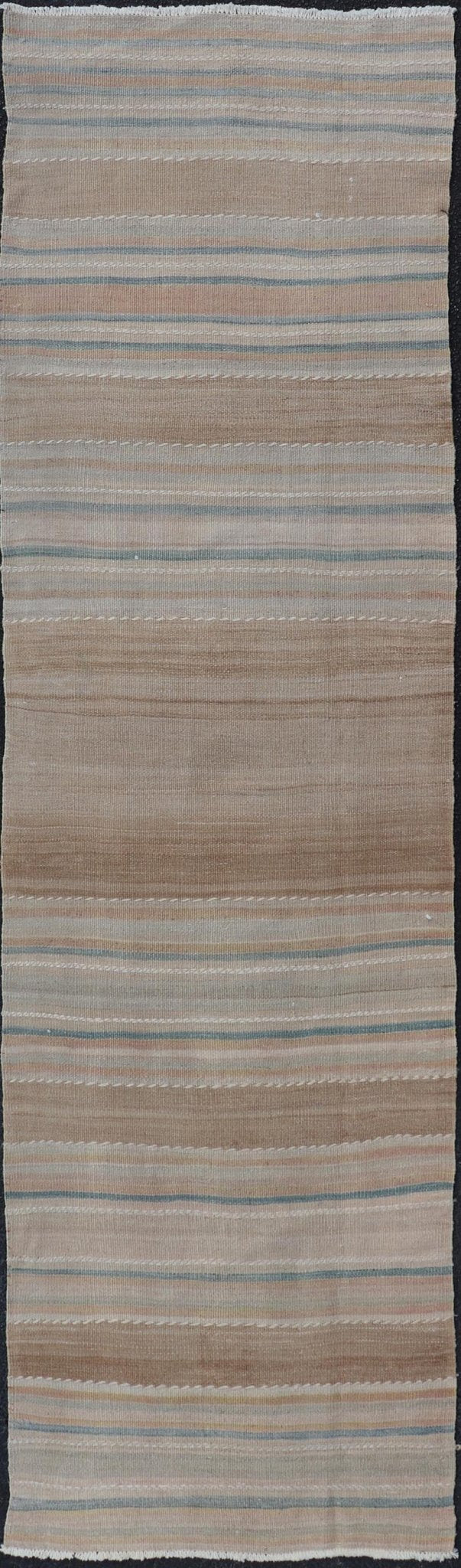 Vintage Turkish Kilim Rug with Horizontal Stripes in Multicolor, blue, brown and neutrals Vintage Kilim Rug, rug EN - P13912 , country of origin / type: Turkey / Kilim, circa Mid - 20th Century. Measures: 2'3 x 7'11. - Keivan Woven ArtsEN - P13912 - 18547Rug