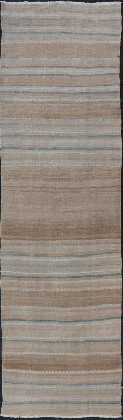 Vintage Turkish Kilim Rug with Horizontal Stripes in Multicolor, blue, brown and neutrals Vintage Kilim Rug, rug EN - P13912 , country of origin / type: Turkey / Kilim, circa Mid - 20th Century. Measures: 2'3 x 7'11. - Keivan Woven ArtsEN - P13912 - 18547Rug