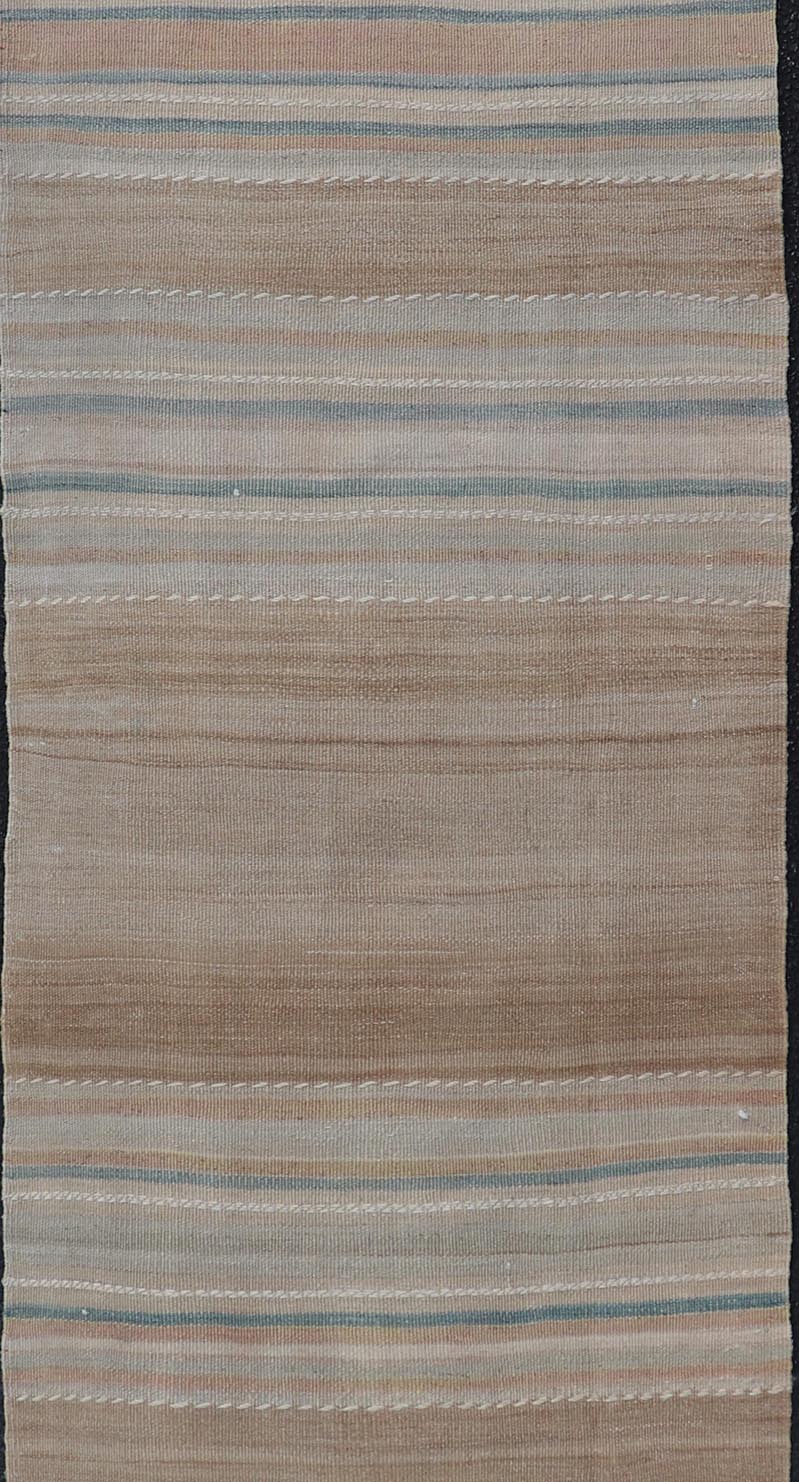 Vintage Turkish Kilim Rug with Horizontal Stripes in Multicolor, blue, brown and neutrals Vintage Kilim Rug, rug EN - P13912 , country of origin / type: Turkey / Kilim, circa Mid - 20th Century. Measures: 2'3 x 7'11. - Keivan Woven ArtsEN - P13912 - 18547Rug