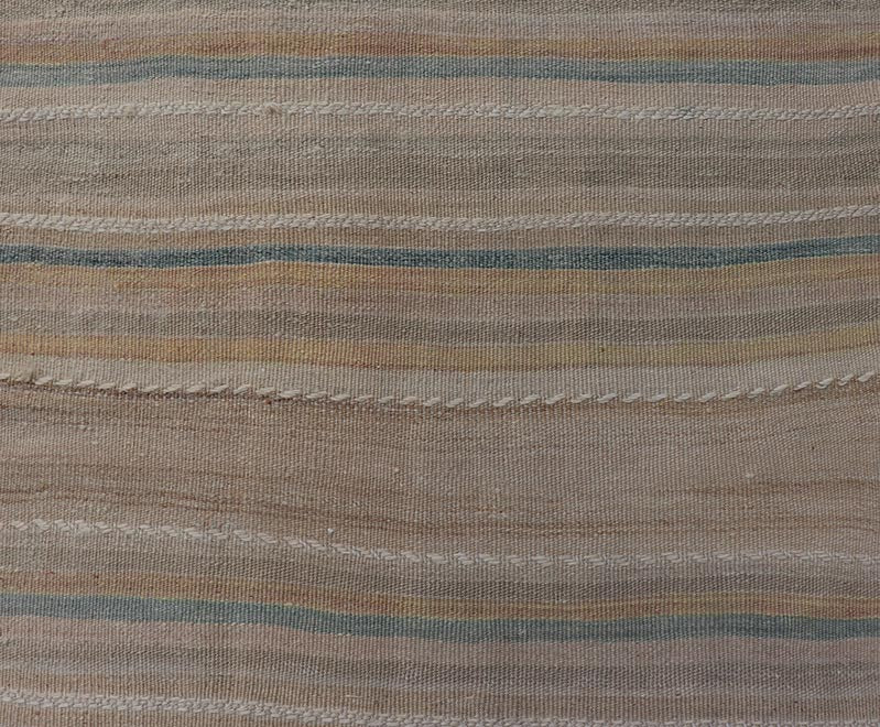 Vintage Turkish Kilim Rug with Horizontal Stipes in Light Brown, Blue, Taupe, Multicolor Vintage Kilim Runner in Stripes and Tribal Motifs, with embroideries in taupe, light brown, light teal and light green, Keivan Woven Arts rug EN - 179377, co... - Keivan Woven ArtsEN - P13913 - 18553Rug