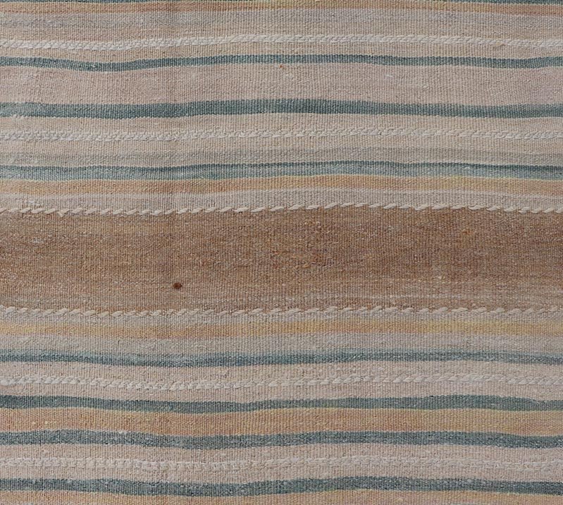 Vintage Turkish Kilim Rug with Horizontal Stipes in Light Brown, Blue, Taupe, Multicolor Vintage Kilim Runner in Stripes and Tribal Motifs, with embroideries in taupe, light brown, light teal and light green, Keivan Woven Arts rug EN - 179377, co... - Keivan Woven ArtsEN - P13913 - 18553Rug
