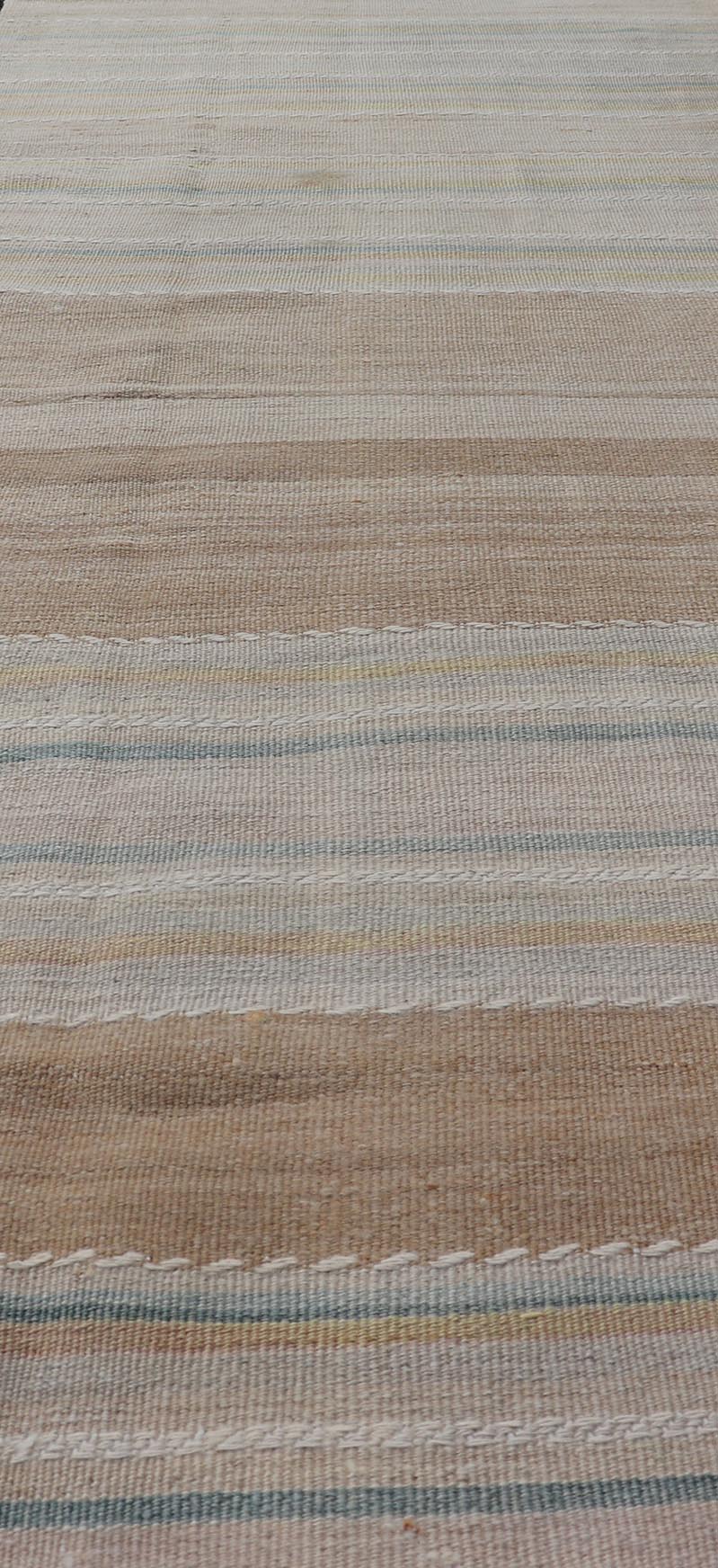 Vintage Turkish Kilim Rug with Horizontal Stipes in Light Brown, Blue, Taupe, Multicolor Vintage Kilim Runner in Stripes and Tribal Motifs, with embroideries in taupe, light brown, light teal and light green, Keivan Woven Arts rug EN - 179377, co... - Keivan Woven ArtsEN - P13913 - 18553Rug