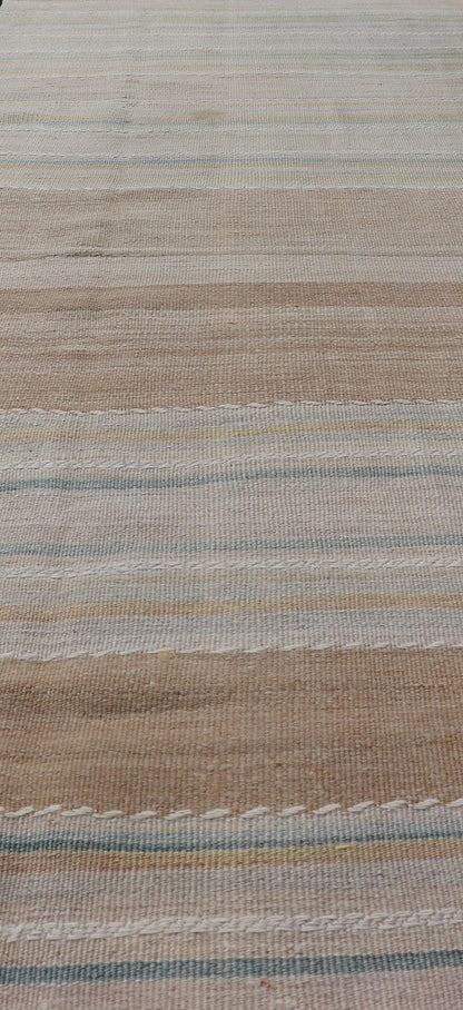 Vintage Turkish Kilim Rug with Horizontal Stipes in Light Brown, Blue, Taupe, Multicolor Vintage Kilim Runner in Stripes and Tribal Motifs, with embroideries in taupe, light brown, light teal and light green, Keivan Woven Arts rug EN - 179377, co... - Keivan Woven ArtsEN - P13913 - 18553Rug