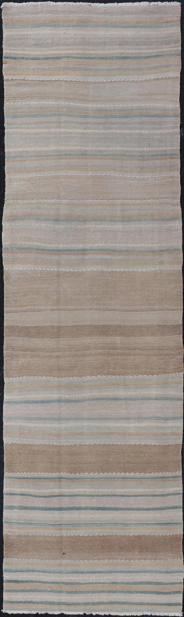 Vintage Turkish Kilim Rug with Horizontal Stipes in Light Brown, Blue, Taupe, Multicolor Vintage Kilim Runner in Stripes and Tribal Motifs, with embroideries in taupe, light brown, light teal and light green, Keivan Woven Arts rug EN - 179377, co... - Keivan Woven ArtsEN - P13913 - 18553Rug