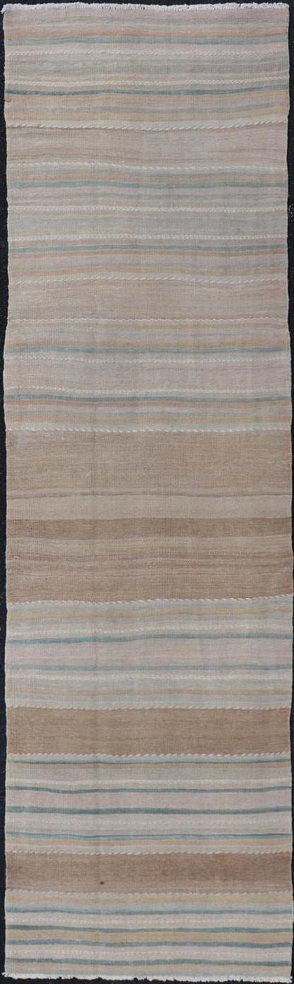 Vintage Turkish Kilim Rug with Horizontal Stipes in Light Brown, Blue, Taupe, Multicolor Vintage Kilim Runner in Stripes and Tribal Motifs, with embroideries in taupe, light brown, light teal and light green, Keivan Woven Arts rug EN - 179377, co... - Keivan Woven ArtsEN - P13913 - 18553Rug