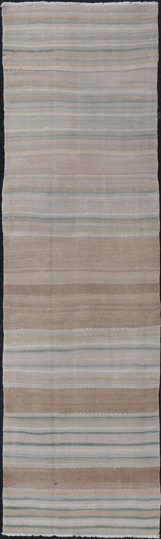 Vintage Turkish Kilim Rug with Horizontal Stipes in Light Brown, Blue, Taupe, Multicolor Vintage Kilim Runner in Stripes and Tribal Motifs, with embroideries in taupe, light brown, light teal and light green, Keivan Woven Arts rug EN - 179377, co... - Keivan Woven ArtsEN - P13913 - 18553Rug