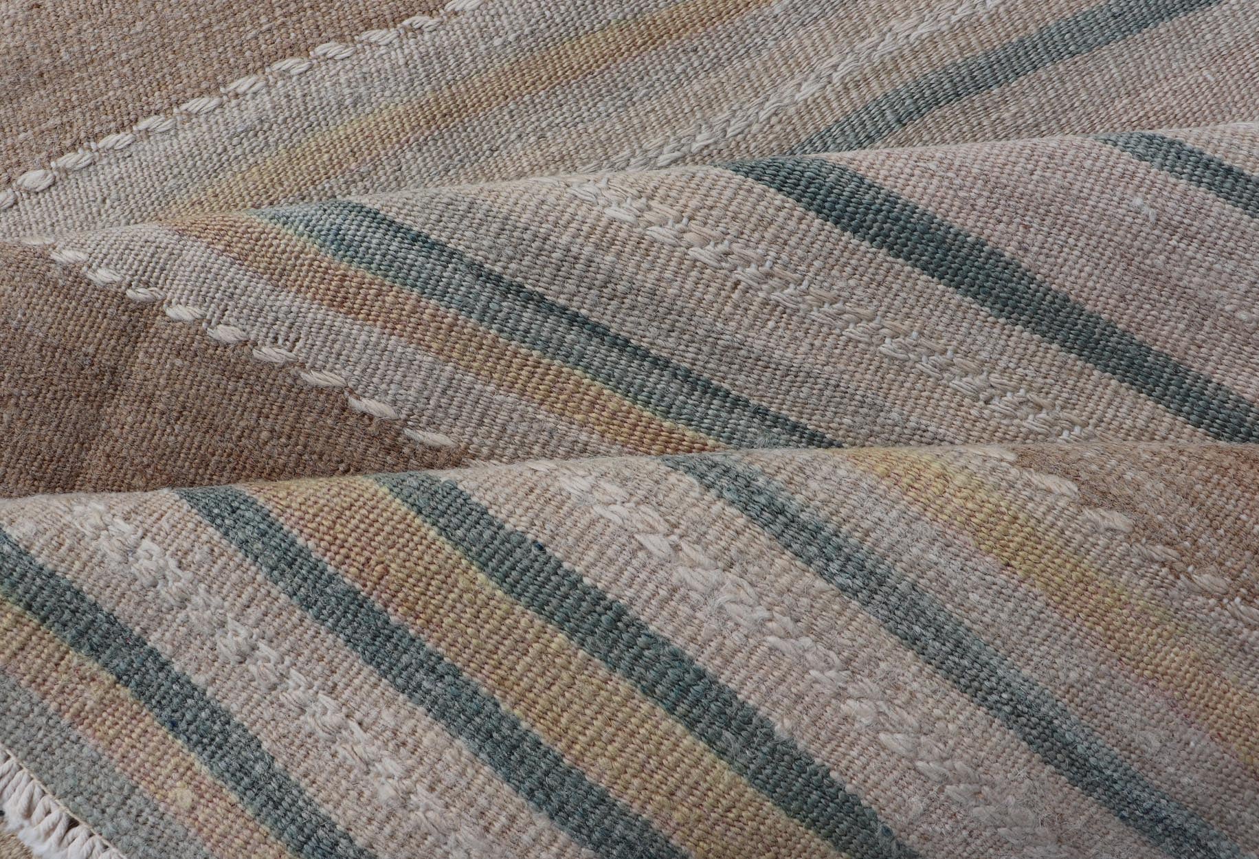 Vintage Turkish Kilim Rug with Horizontal Stipes in Light Brown, Blue, Taupe, Multicolor Vintage Kilim Runner in Stripes and Tribal Motifs, with embroideries in taupe, light brown, light teal and light green, Keivan Woven Arts rug EN - 179377, co... - Keivan Woven ArtsEN - P13913 - 18553Rug