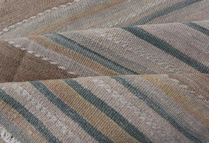 Vintage Turkish Kilim Rug with Horizontal Stipes in Light Brown, Blue, Taupe, Multicolor Vintage Kilim Runner in Stripes and Tribal Motifs, with embroideries in taupe, light brown, light teal and light green, Keivan Woven Arts rug EN - 179377, co... - Keivan Woven ArtsEN - P13913 - 18553Rug