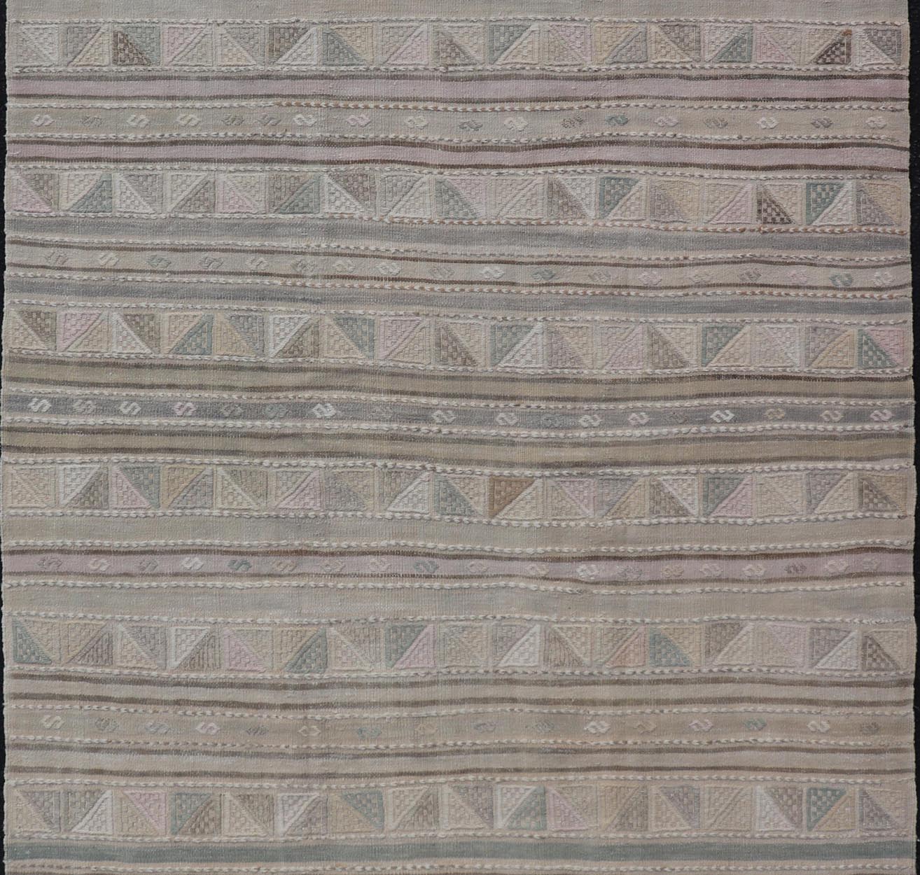 Turkish Flat - Weave With Embroideries Kilim in Taupe, Green, Brown, and Blush Vintage flat - weave Kilim with embroideries with a modern design in tan, brown, green and blush geometric stripe design Vintage Kilim from Turkey, Keivan Woven Arts /... - Keivan Woven ArtsEN - P13936 - 18722Rug