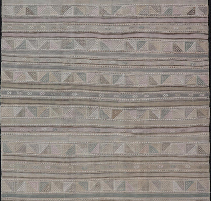 Turkish Flat - Weave With Embroideries Kilim in Taupe, Green, Brown, and Blush Vintage flat - weave Kilim with embroideries with a modern design in tan, brown, green and blush geometric stripe design Vintage Kilim from Turkey, Keivan Woven Arts /... - Keivan Woven ArtsEN - P13936 - 18722Rug