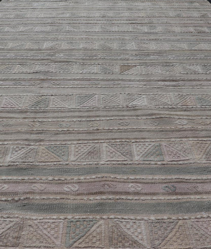 Turkish Flat - Weave With Embroideries Kilim in Taupe, Green, Brown, and Blush Vintage flat - weave Kilim with embroideries with a modern design in tan, brown, green and blush geometric stripe design Vintage Kilim from Turkey, Keivan Woven Arts /... - Keivan Woven ArtsEN - P13936 - 18722