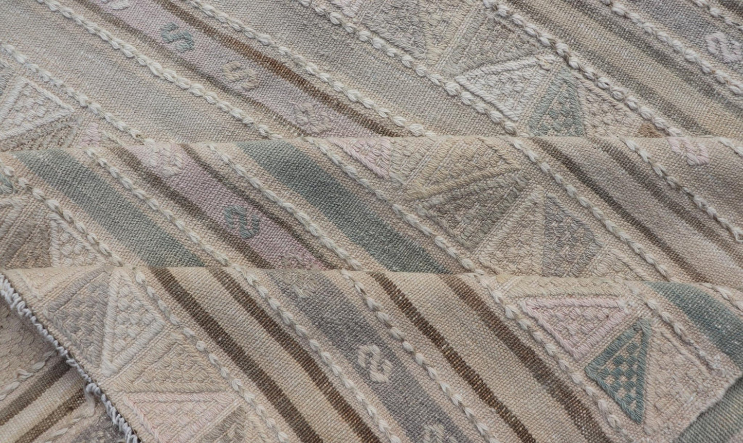 Turkish Flat - Weave With Embroideries Kilim in Taupe, Green, Brown, and Blush Vintage flat - weave Kilim with embroideries with a modern design in tan, brown, green and blush geometric stripe design Vintage Kilim from Turkey, Keivan Woven Arts /... - Keivan Woven ArtsEN - P13936 - 18722